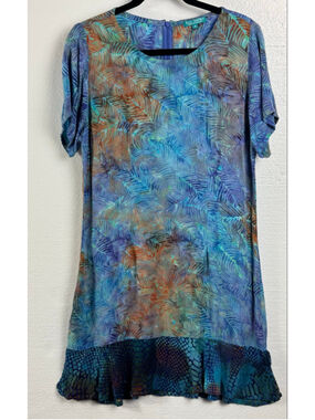 BALI BATIKS Blue Orange Batik Palm leaf Hawaii Dress size Medium